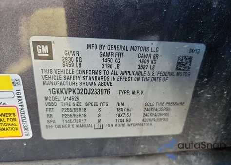 2013 GMC Acadia Sle from USA, damaged, VIN 1GKKVPKD2DJ233076